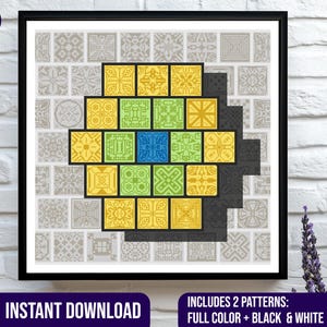 Peut inclure: Une impression encadrée présentant un motif géométrique composé de carrés colorés. Les carrés sont disposés selon un motif avec des teintes jaunes, vertes et bleues. L'impression est sur un fond de carrés gris et comprend le texte "INSTANT DOWNLOAD".