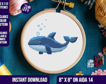 Blauwe vinvis kruissteekpatroon, schattig oceaanontwerp (pdf-patroon)