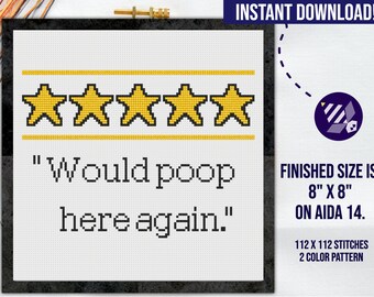 Funny Bathroom Review Cross Stitch Pattern, 5 Star, Easy (PDF Pattern)