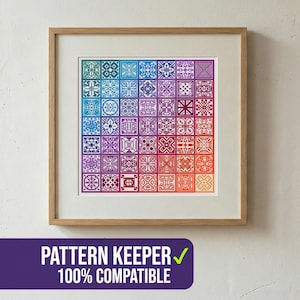 Könnte beinhalten: Gerahmtes Kunstwerk mit einem farbenfrohen geometrischen Muster aus zahlreichen Quadraten. Jedes Quadrat zeigt ein einzigartiges Design mit einem Farbverlauf von Grün nach Orange. Der Text "PATTERN KEEPER 100% COMPATIBLE" ist unten zu sehen.
