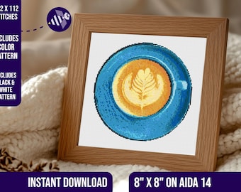 Coffee Cup Cross Stitch Pattern, Latte Art (Digital Download)