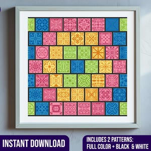 May include: A digital download of two cross-stitch patterns featuring a colorful geometric design. The patterns include a full color version and a black and white version.  Includes 2 patterns: Full Color + Black & White.