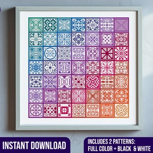 Patrón de punto de cruz de patchwork, gráfico de punto de cruz de mosaico Quaker Folk Squares, patchwork arcoíris