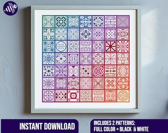 Wzór haftu krzyżykowego: tęczowy patchwork, płytki Quaker Folk (do pobrania w wersji cyfrowej)