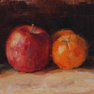 Original Still Life Oil Painting: Apple & Oranges, small Kitchen Art, 5x7 inches