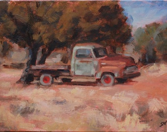 Pronto per il lavoro - Pittura a olio ORIGINALE, Ford del 1956, Vecchio camion sotto un grande albero, Nuovo Messico, Piccolo paesaggio di Santa Fe Plein Air, 7x5 pollici