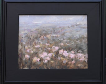 Dawn Fleeting - Pittura a olio ORIGINALE, Paesaggio di campo di fiori impressionista, prato di fiori rosa giallo Beige, piccola arte murale floreale, 8x10 pollici