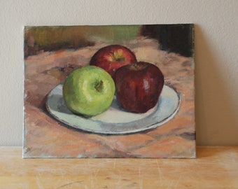 Apples - ORIGINAL handmade Oil Painting, Small Still Life with green and red fruit on plate, professional fine art for the kitchen, 9x7 inch