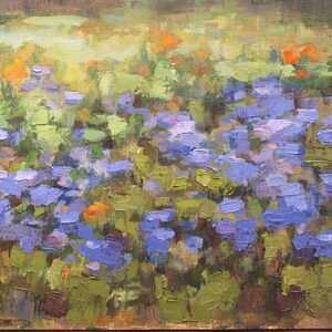Wiese - ORIGINAL Oil Painting, Impressionist Flower Field Landscape, blue yellow green blooming meadow, small floral wall art, 8x16 inches