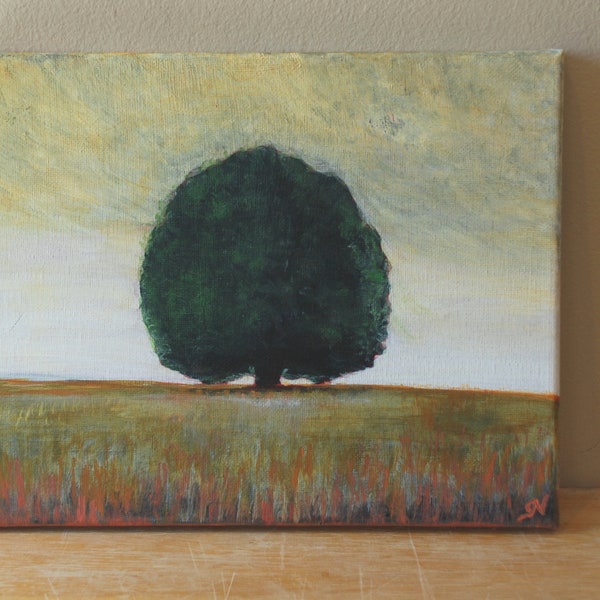 Lone Tree - ORIGINAL acrylic painting, Big Old Tree, Simple Wall Art, Small Landscape, tonalism, tree painting on canvas abstract, 10x8 inch