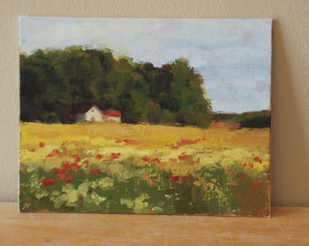 What a Day it may be - ORIGINAL Oil Painting handmade, Small impressionistic landscape, wheat field, wild flowers, country house, 9x7 inches