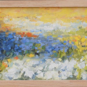 Sea of Flowers - ORIGINAL Oil Painting, Impressionist Flower Field Landscape, blue green and yellow meadow, small floral wall art, 16x8 inch