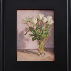 White Roses - ORIGINAL Oil PAINTING, Roses in Glass Vase, pastel floral still life, white flower bouquet with lilac purple, 6x8 in, framing
