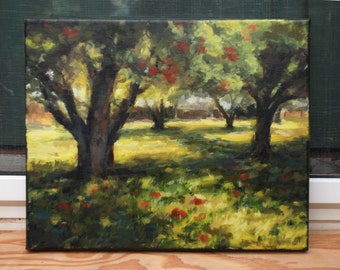 Plenty Coming - ORIGINAL OIL PAINTING, Apple Orchard, Tree Landscape, Apple Trees Harvest, impressionist painting, green brown art, 30x24 cm