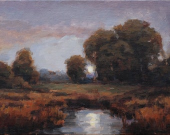 Out of The Shadows - ORIGINAL Oil painting, Small Moonrise Landscape, trees in wetland field, bright dusk, tonalist, melancholy art, 6x8 in