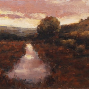Original Oil Painting: Dark Gold Bronze Sunset, Tonalist Landscape, 6x8 inches