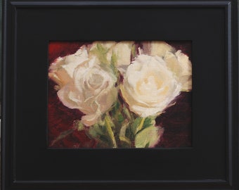 Red White and Green - ORIGINAL Oil Painting, Small Floral Art, White Rose boquet, classic flower still life painting, 6x8 inches