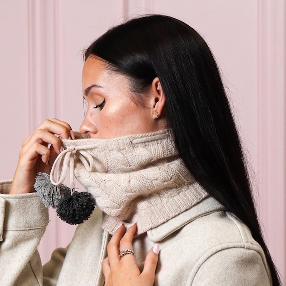 100% Cashmere Cable Knit Snood / Hat – Two-Way Neck Warmer with Pom Poms