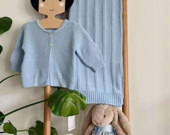Baby Blue Cotton Cardigan & Blanket Set | 100% Super Soft Knitwear (Newborn Gift)