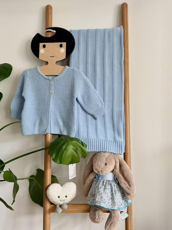 Baby Blue Knitted Cardigan & Blanket Set | 100% Super Soft Cotton | Luxury Newborn Keepsake