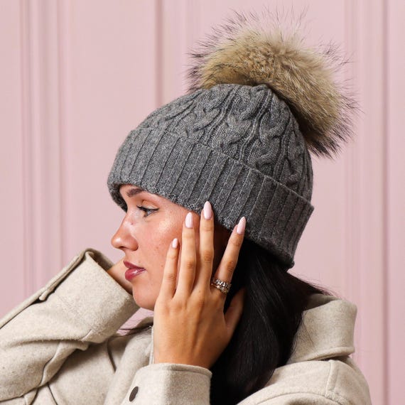 Cashmere Beanie with Fur Pom Pom – Cable Knit Winter Hat