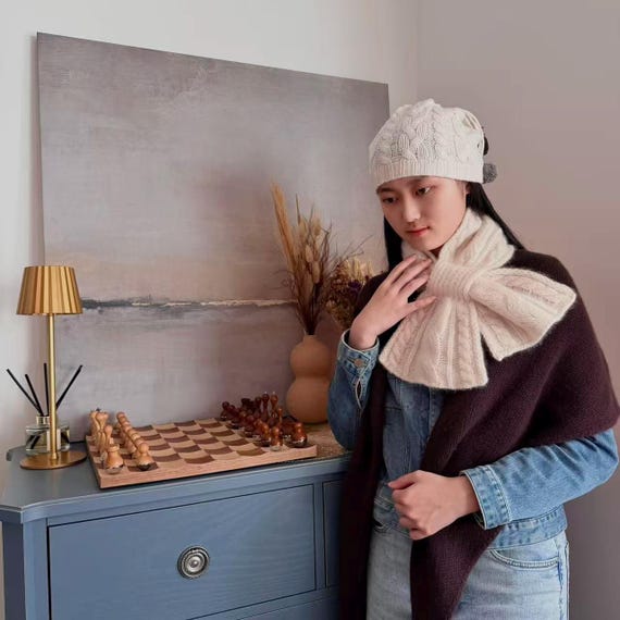 Luxury Cashmere Silk Bow Scarf | Super Soft Cable Knit Neck Warmer | Winter Gift for Her