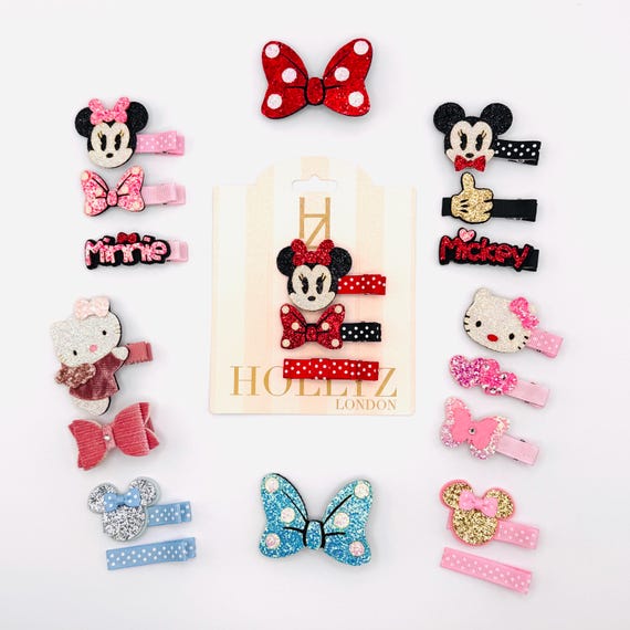 Disney-Inspired Glitter Hair Clip Set - Minnie, Mickey, Hello Kitty, and Bow Designs