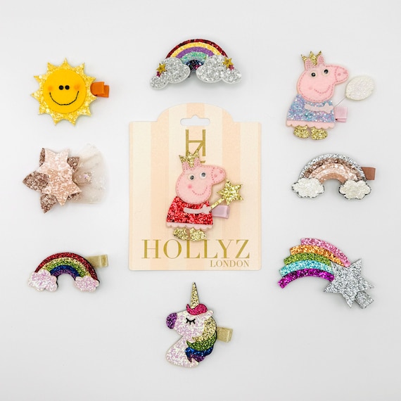 Glitter Peppa Pig, Rainbow, and Unicorn Hair Clips for Kids