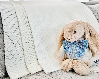Creamy White Cotton Knit Baby Blanket – Newborn Gift, Made in UK