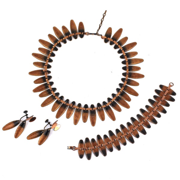 Vintage RENOIR MATISSE koperen sieraden Nefertiti Egyptische goud zwart emaille Set ketting armband bengelen oorbellen