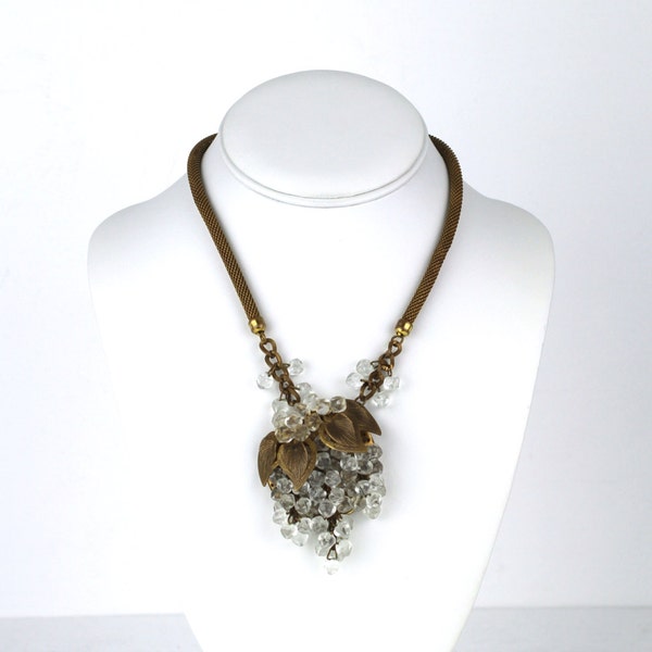 RESERVED *** for mybibelot *** Vintage Midcentury Beaded Mesh Gold Tone Floral Pendant Necklace
