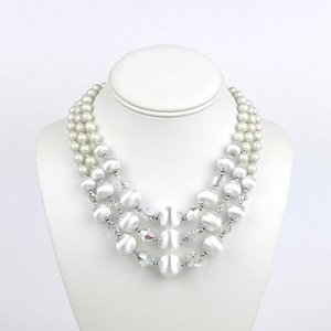 Vintage White Plastic Clear Aurora Borealis Glass Crystals Silver Plastic Beads Triple Strand Multi Strand Necklace Midcentury 50s Choker