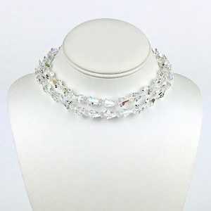 Vintage Clear Aurora Borealis Double Strand Multi Strand Glass Crystals Clear Rhinestones Silver Tone Necklace Beads Midcentury 50s Choker