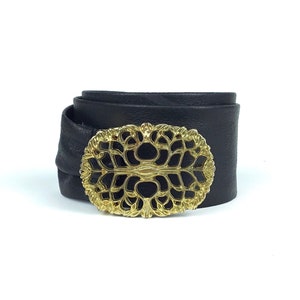 Vintage Black Genuine Soft Leather Belt Gold Tone Metal Floral Openwork Oval Buckle Cinch Adjustable 80s Waist 29 - 36 Medium Large Belt