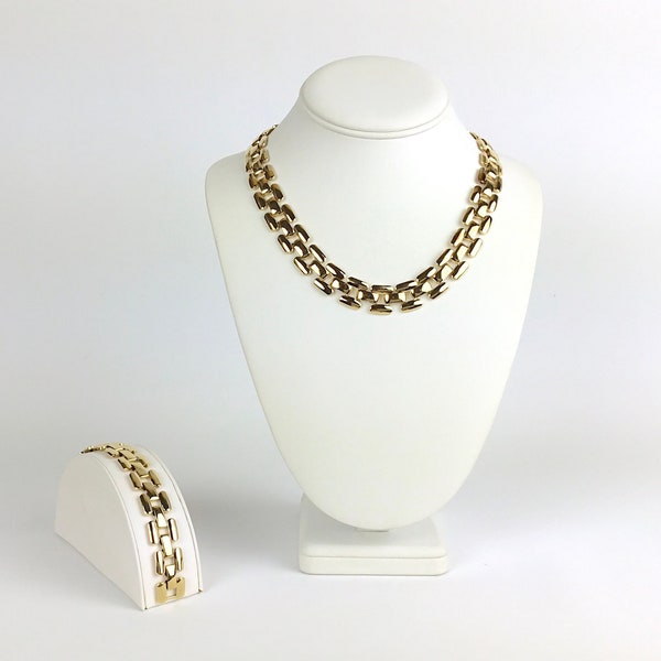Vintage NAPIER Gold Plated Link Chunky Statement Polished Choker Collar Fold Over Clasp Necklace Bracelet 1980s 80s Set