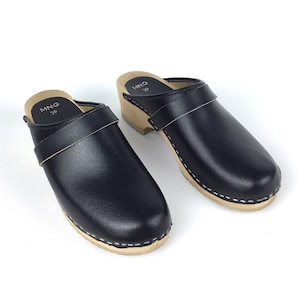 Vintage MNG Black Wooden Clogs Genuine Leather Natural Wood Handmade in Sweden EU Size 39 US Size 8.5