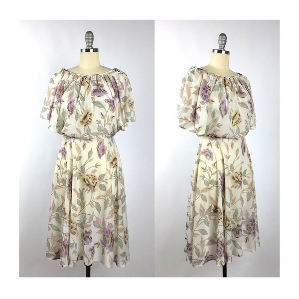 Vintage Buttercream Cream Off White Ecru Purple Green Beige Floral Polyester Ruffled Caplet Neckline Sleeveless Bodice Midi 70s Flowy Dress