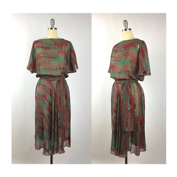 Vintage Burgundy Maroon Red Green Lightweight Silk Sheer Not Lined Waist Tie Belted Short Sleeve Midi M Medium 80s Dress