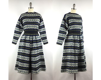 Vintage JERSEY MODELLER Swedish Navy Blue Green White Wool Not Lined Nordic Knit Jacquard Jersey Sweater Skirt Dress 60s Extra Small XS Set