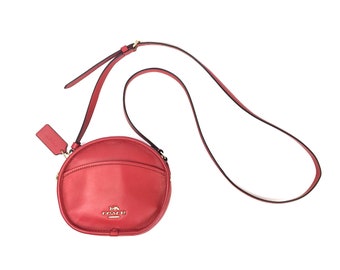 Vintage COACH Canteen F27971 Style Red Genuine Leather Gold Tone Hardware Small Mini Crossbody Messenger Shoulder Round Oval Bag Purse