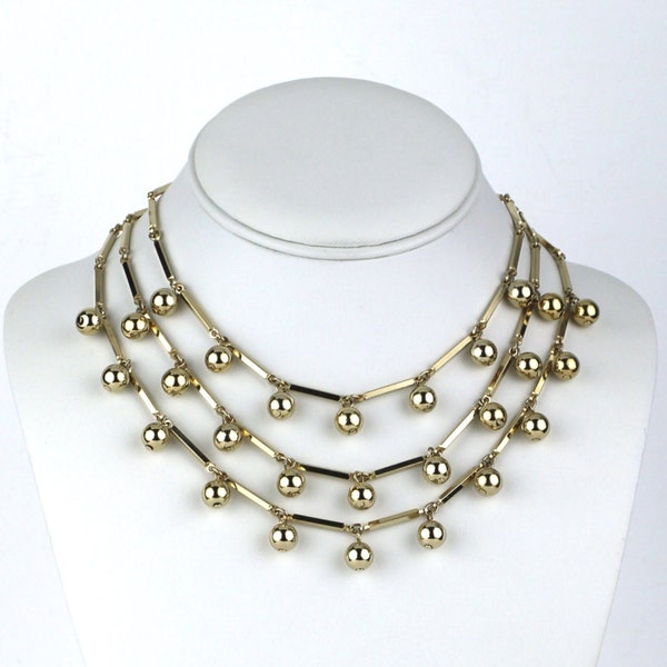 Vintage Gold Tone Three Strand Bib Necklace Choker