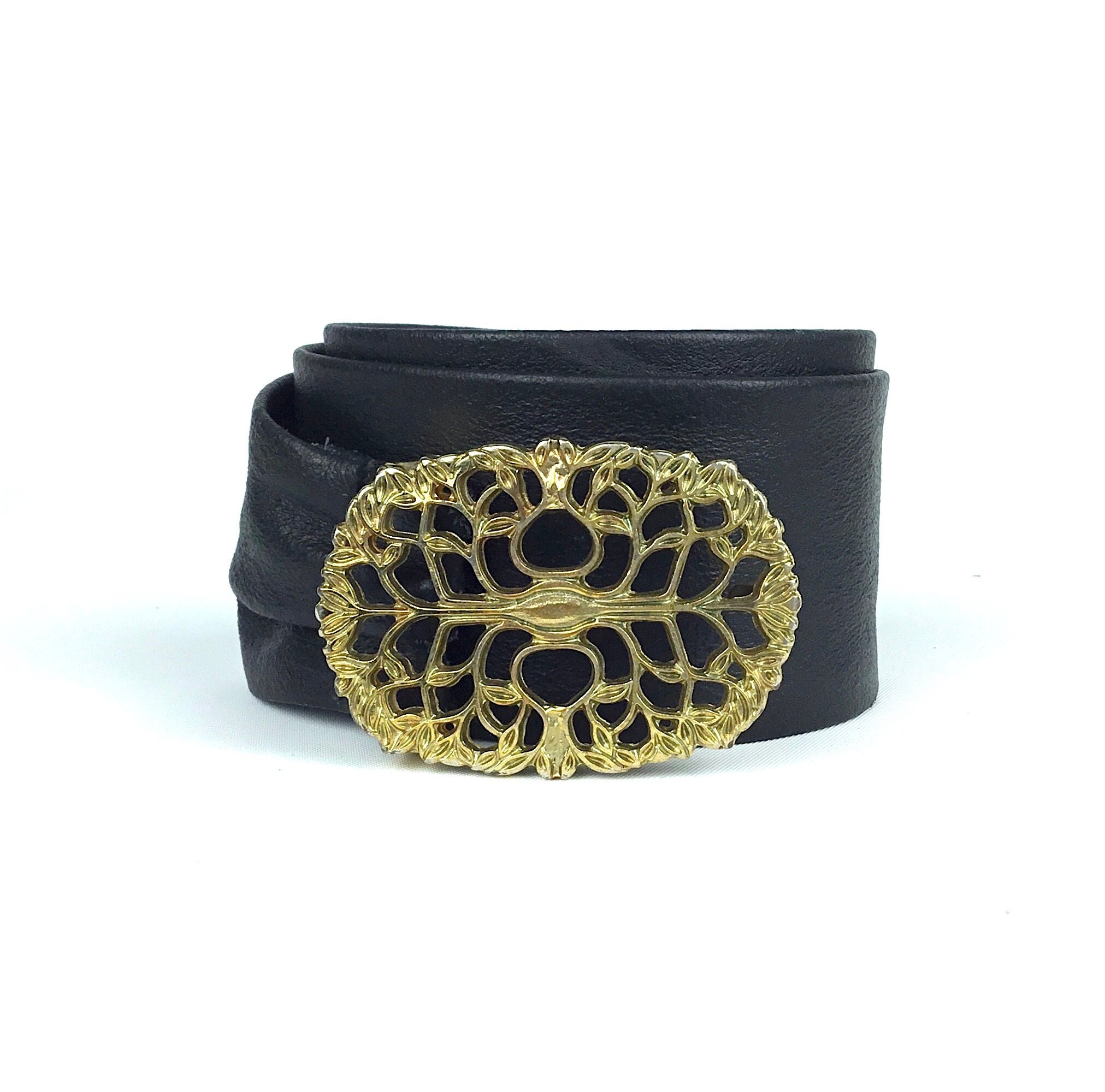 Vintage Black Genuine Soft Leather Belt Gold Tone Metal Floral Openwork Oval Buckle Cinch Adjustable 80s Waist 29 - 36 Medium Large Belt