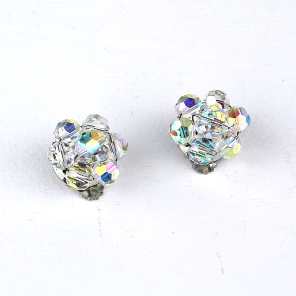 Vintage Aurora Borealis Cluster Clear Glass Crystal Midcentury 50s Clip op oorbellen