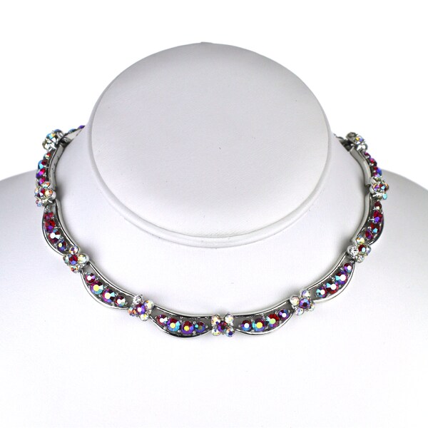 Vintage jaren 1950 rode Multicolor Aurora Borealis Rhinestone met bloem zoals Links zilveren Toon Mid Century Choker ketting