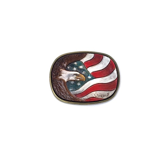 Vintage PAUL BURNETT Belt Buckle American Flag Eagle Stars Stripes Patriotic USA Handcolored Tooled Genuine Leather Solid Brass 80s Designer
