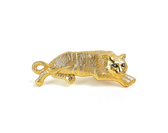 Vintage TIGER Gold Tone Black Enamel Textured Polished Large Curved Animal Wild Big Cat Belt Buckle