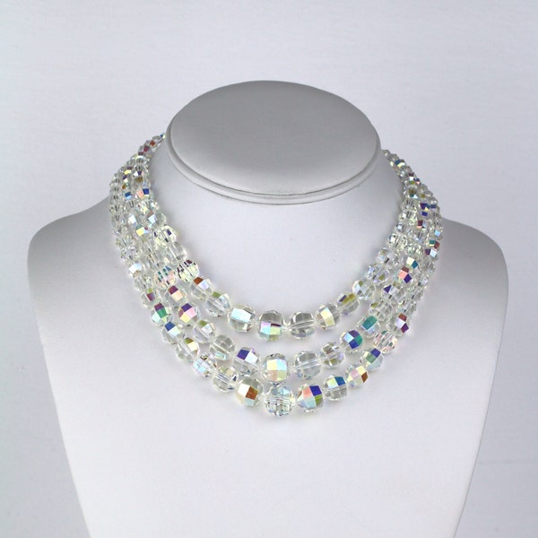 Vintage Aurora Borealis ketting Triple Strand helderglazen kristallen