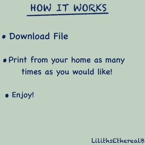 Pu&ograve; includere: Una grafica di testo con il titolo "HOW IT WORKS" e tre punti elenco: "Download File", "Print from your home as many times as you would like!" e "Enjoy!" La grafica ha uno sfondo verde chiaro e testo blu scuro.