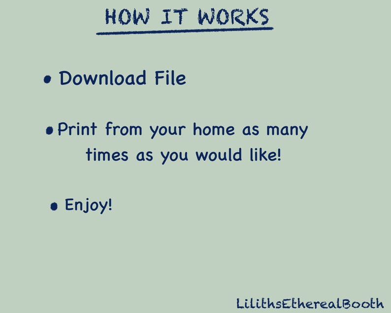 Pu&ograve; includere: Una grafica di testo con il titolo "HOW IT WORKS" e tre punti elenco: "Download File", "Print from your home as many times as you would like!" e "Enjoy!" La grafica ha uno sfondo verde chiaro e testo blu scuro.