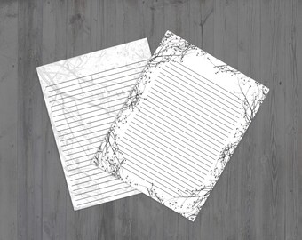 Black and White Floral Lined Paper, Printable Stationery Paper, Digital ...